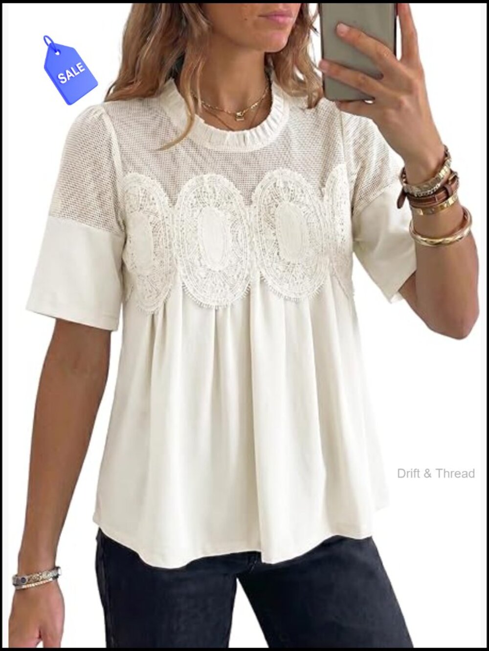 Lace Blouse Elegant Flared Swing Top Crew Neck Short Sleeve Embroidered Mesh - Picture 1 of 7